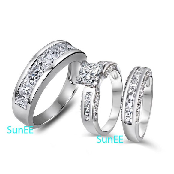 SunEE Jewelry Jewelry - Real 925 His Hers Wedding Engagement Ring Set